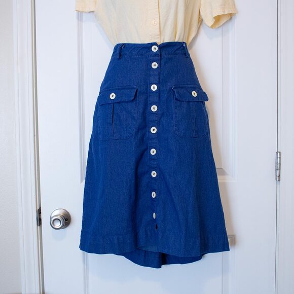 Zanzea Collection Button Front Below Knee Denim Skirt Utility Pockets Blue XL - Picture 1 of 6